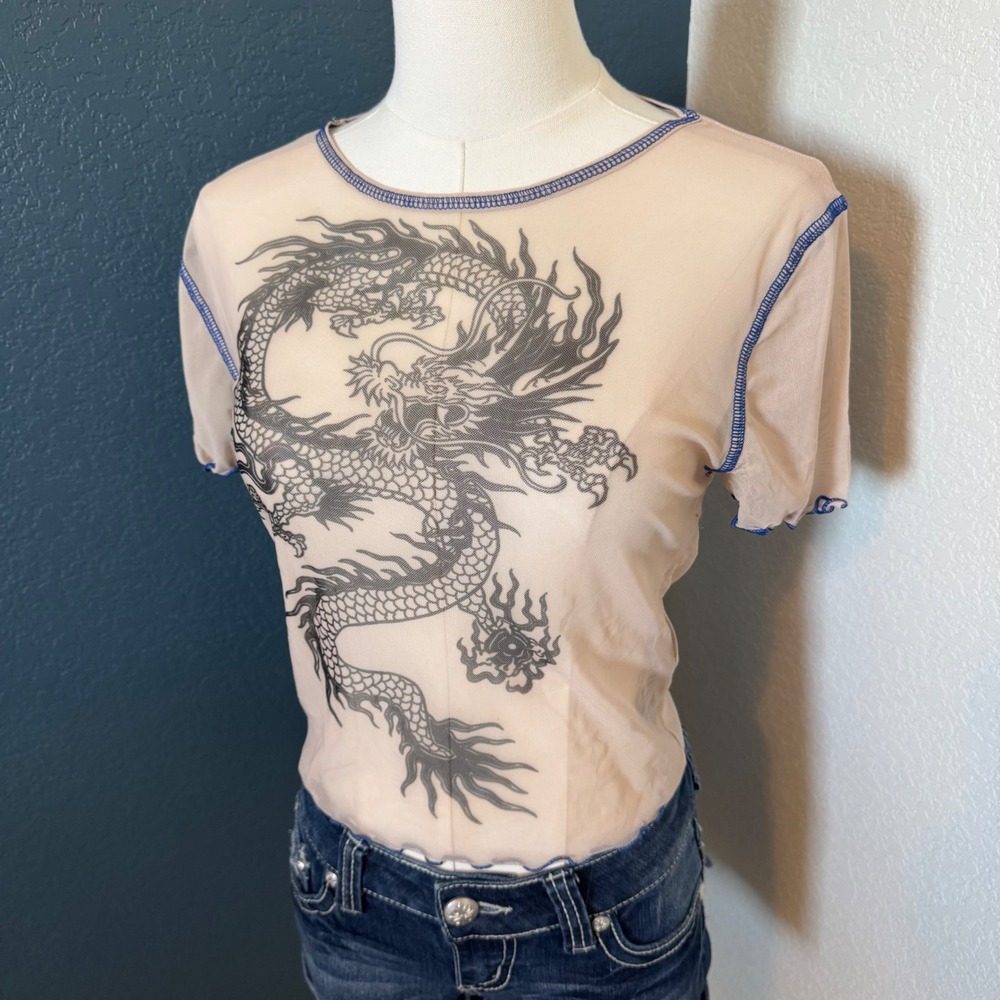 Y2K Grunge Mesh Urban Outfitters Dragon Graphic Baby Tee Large Tan Blue
